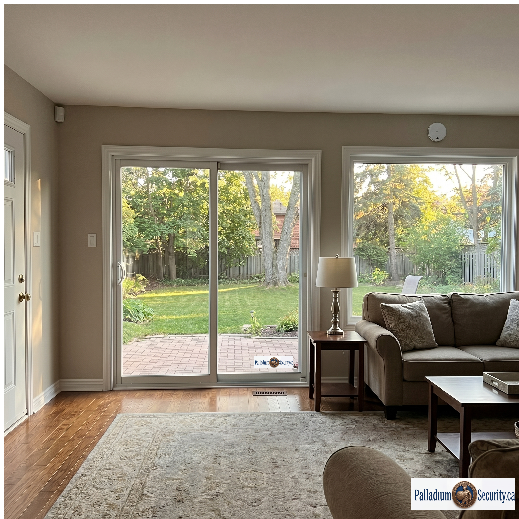 A picture of a living room with a sliding door to the backyard. There is a motion detector in the corner of the room with a glass break detector over the windows show a Palladium Security protected home.